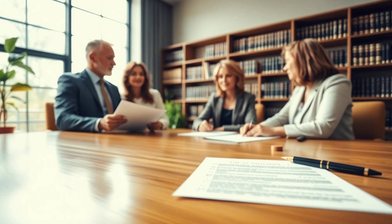 Estate Planning consultation between a lawyer and a couple in a modern office.