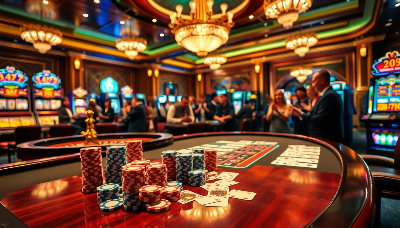 Experience high-stakes gaming at LuckyWin, featuring vibrant poker tables and roulette wheels.