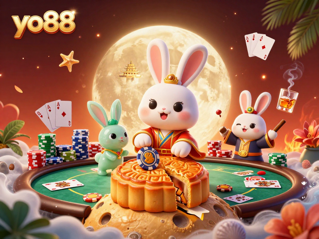 Engage with yo88 as the moon rabbit strikes mooncakes revealing poker chips amidst vibrant casino elements.