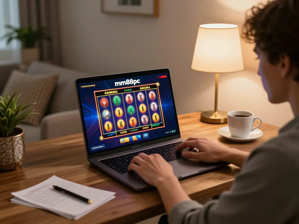 Player engaging in vibrant slot game action on mm88pc from stylish home desk, showcasing exciting online gaming.