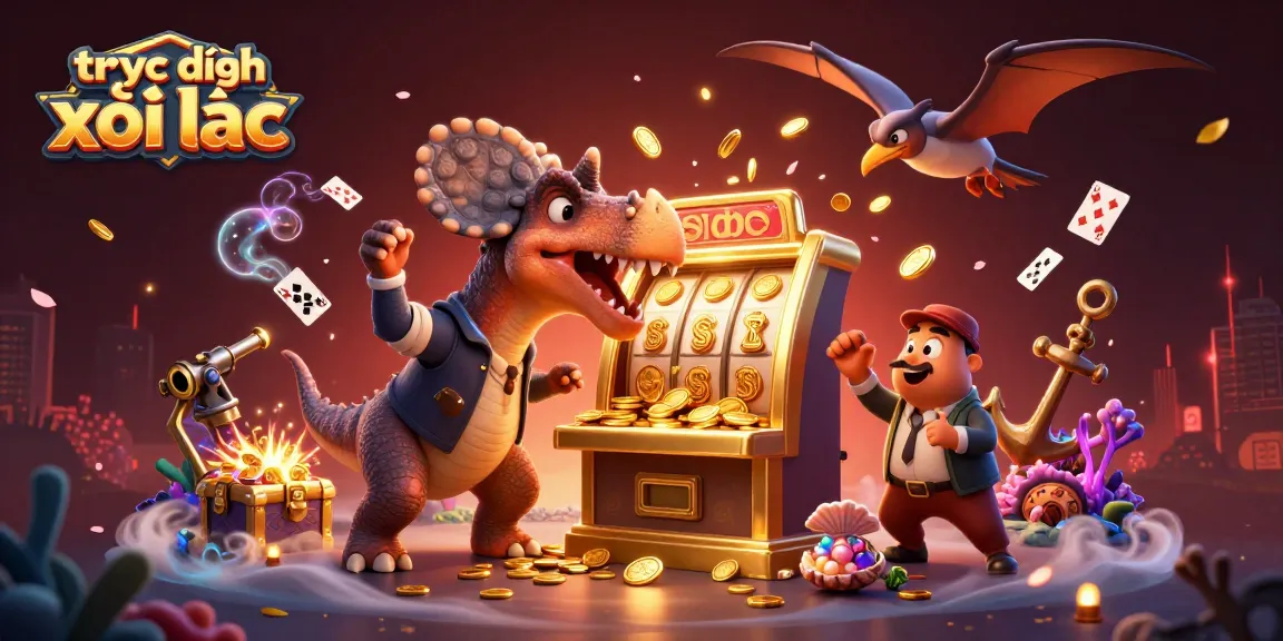Experience the excitement of trực tiếp xôi lạc with a cartoon dinosaur and thrilling casino imagery.