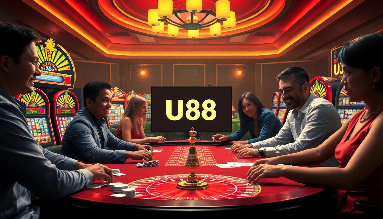 Playing poker at U88's luxury casino table with vibrant slot machines in the backdrop.