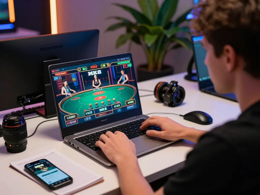 Engaged player using MK8 live dealer casino app on laptop, highlighting strategic betting experience.