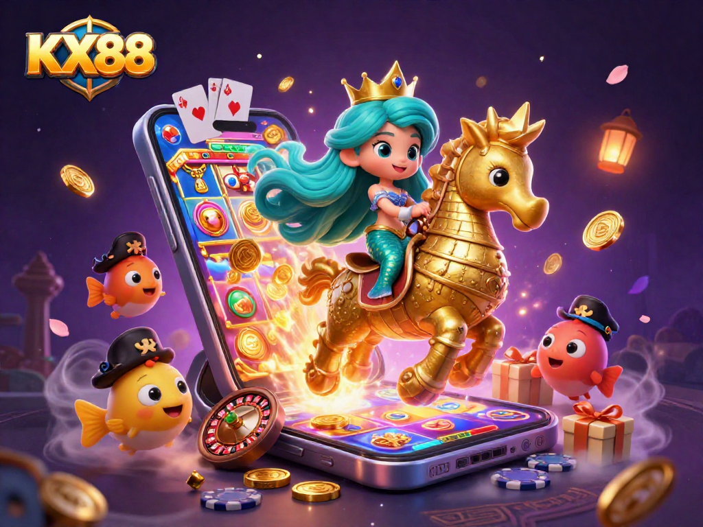 KX88 invites players to immerse in a vibrant 3D casino adventure with mermaid princess, seahorse, and colorful gaming elements.