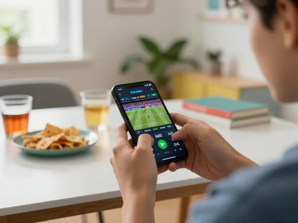 cm88 user placing bets on sports events through mobile app with snacks in comfortable home setting