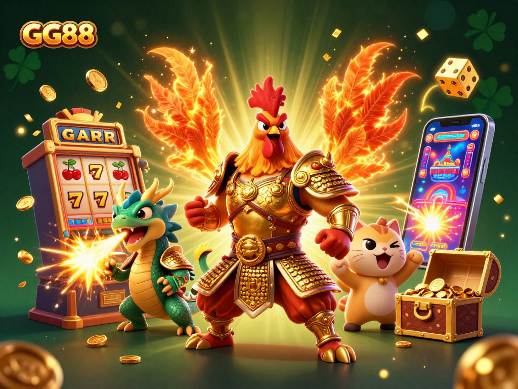 Experience thrilling wins at GG88 with an immersive 3D illustration of exciting casino elements.