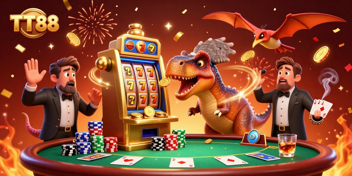 TT 88 cartoon scene with a dinosaur hitting a slot machine, winning coins amidst poker elements