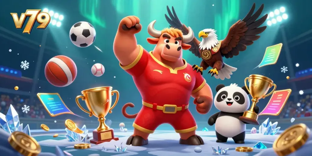 Engage with thrilling gameplay at v79, featuring dynamic sports elements and mascots celebrating victory.