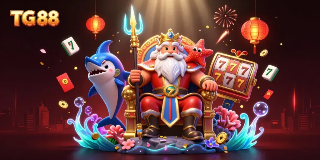 Experience winning moments with TG 88, featuring Neptune and vibrant casino elements.