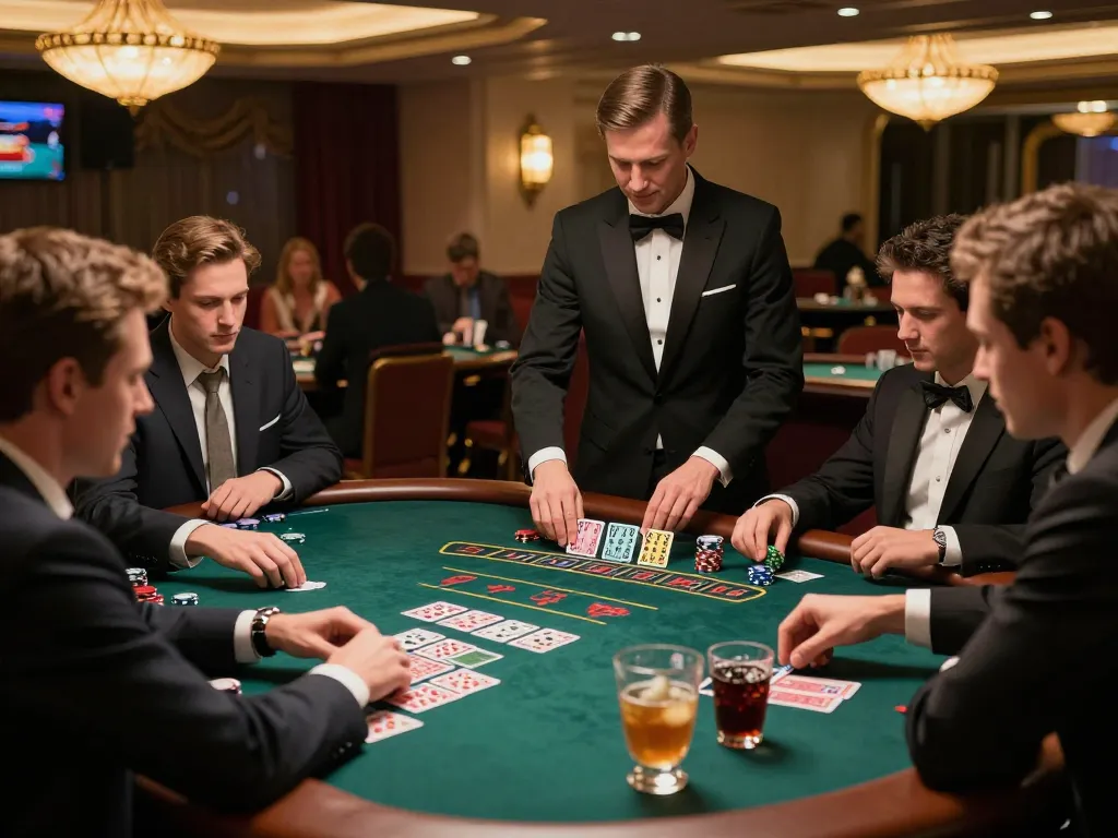 Dynamic blackjack gameplay at NHÀ CÁI F168 with elegant table, focused players, and professional dealer.