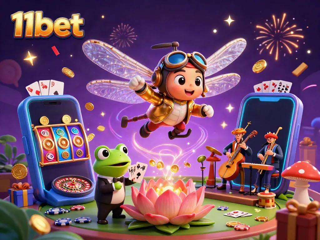 Experience vibrant gaming with 11bet's lively 3D casino scene, featuring dynamic characters and thrilling game elements.