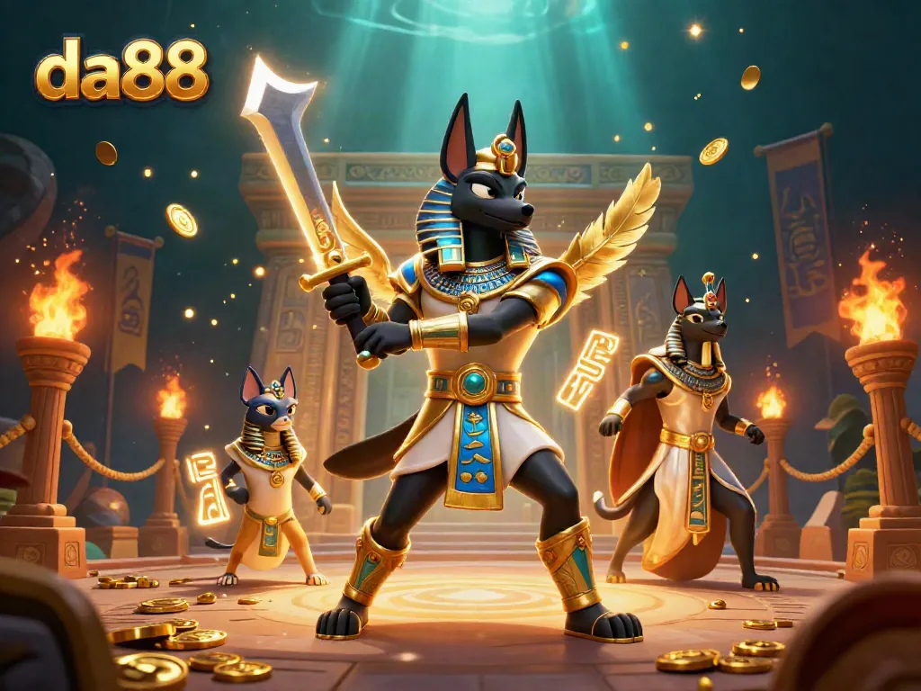 Experience thrilling gameplay with DA88 as Anubis and Bastet come alive in a vibrant casino scene.