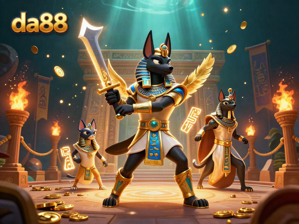 Experience thrilling gameplay with DA88 as Anubis and Bastet come alive in a vibrant casino scene.