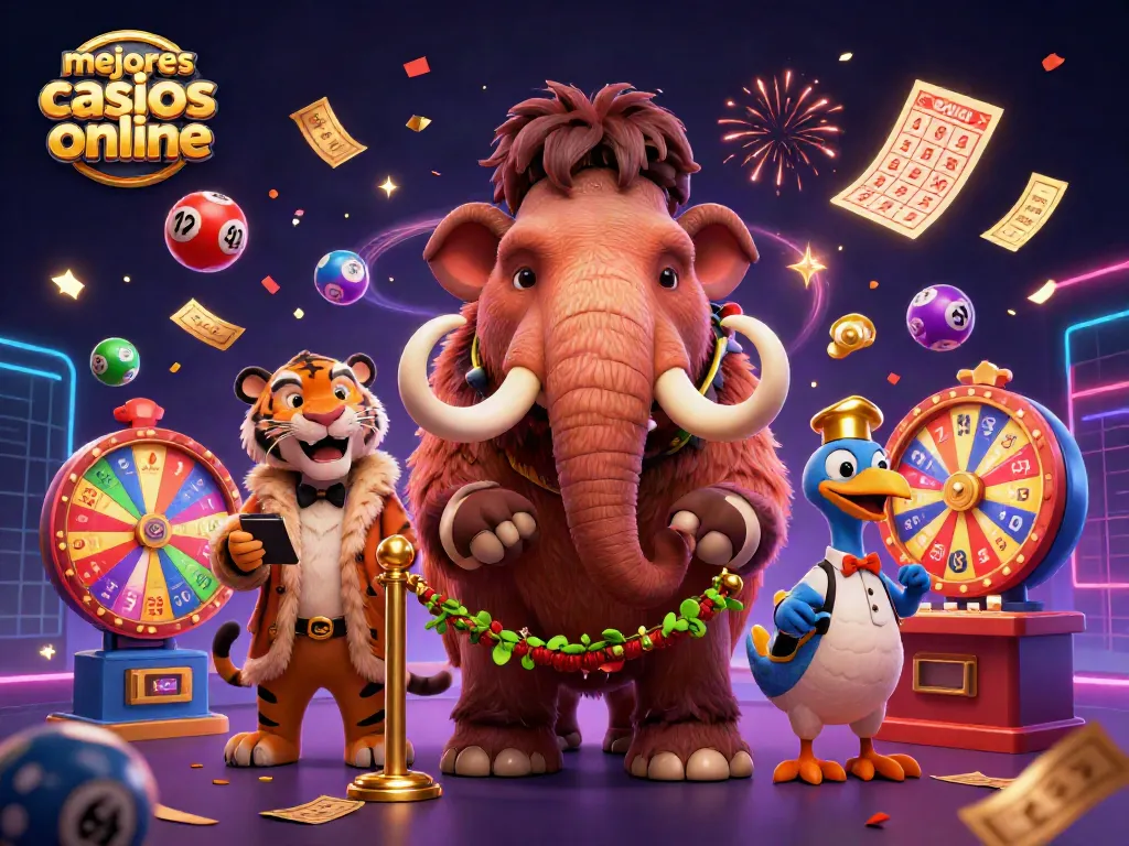 Mejores casinos online: entrada animada con mamut, tigre y dodo en un ambiente festivo.