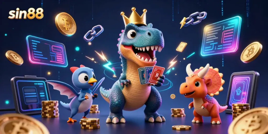 Experience thrilling gambling action with sin88 featuring a T-Rex and friends amid crypto coins and vibrant casino elements.