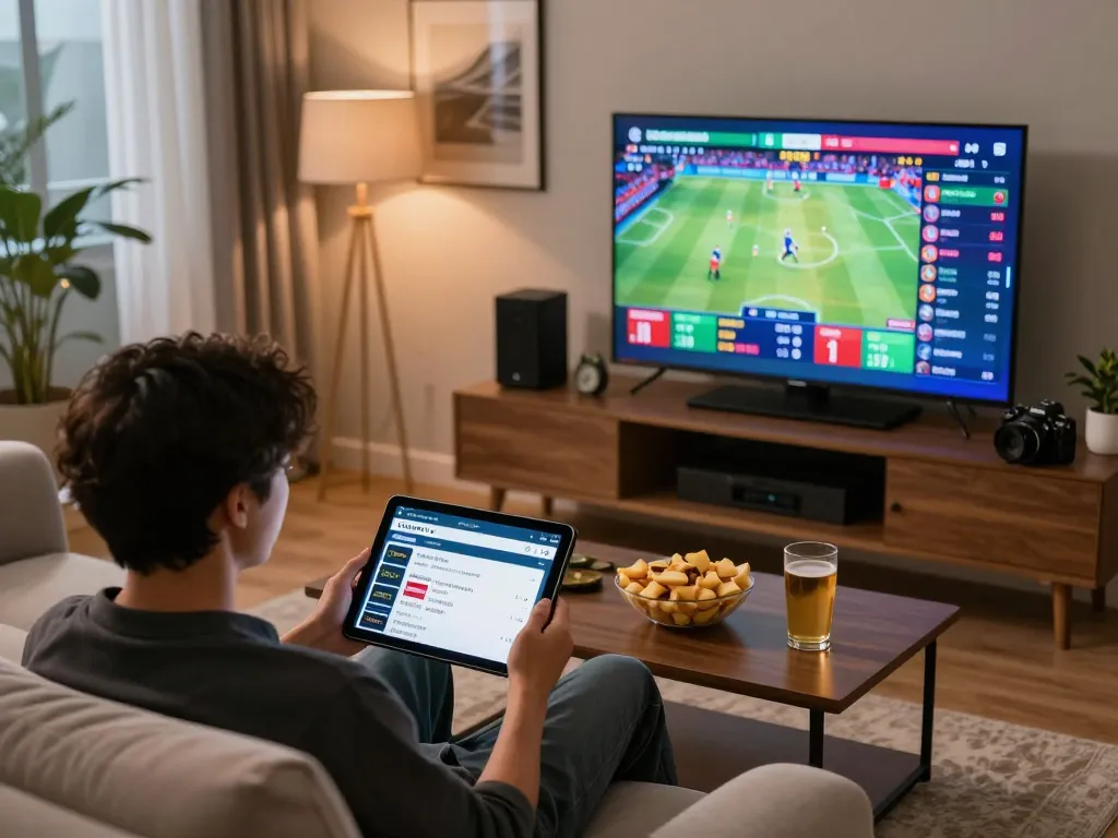 Person engaging with the CAKHIATV app for live sports betting from home, showcasing an immersive online gaming setup
