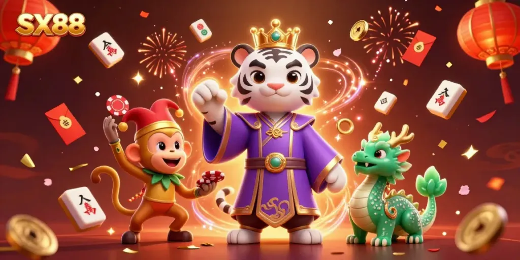 Experience vibrant gameplay at SX88 with a lively scene showcasing fortune elements and characters in a fun casino environment.