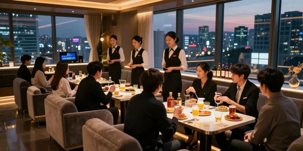 강남타이밍 쩜오의 고급스러운 실내 모습과 인테리어가 돋보이는 장면