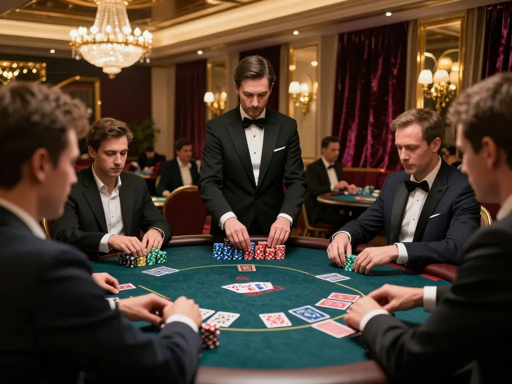 Players engaging in a high-stakes poker game at TR88's exclusive gaming table in a luxurious casino.