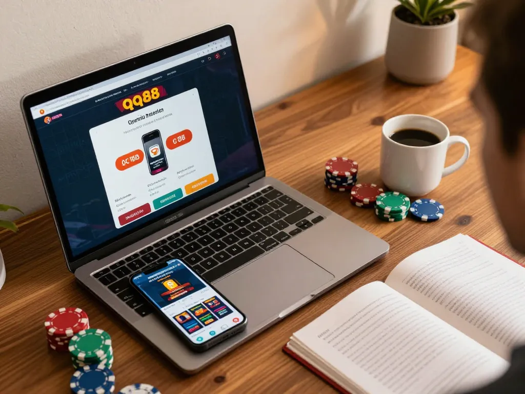 Engaging with the qq88 casino app in a cozy online gaming setup showcasing strategy