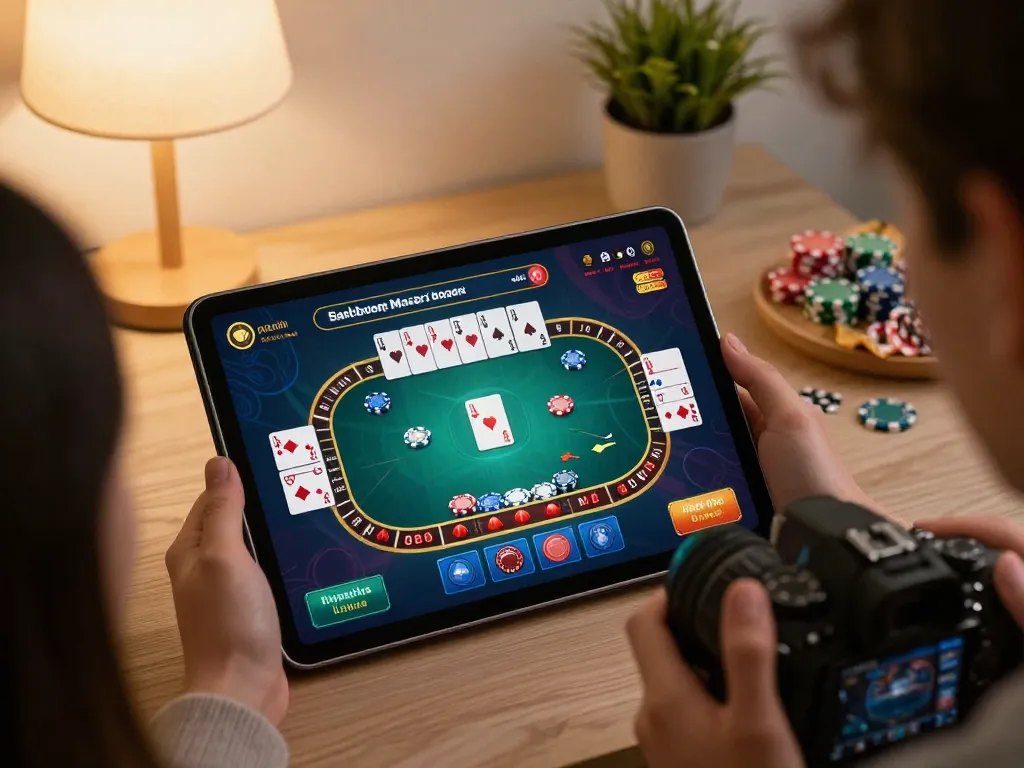 Engaging in online gaming at home with hi88 on a tablet, showcasing vibrant poker gameplay.