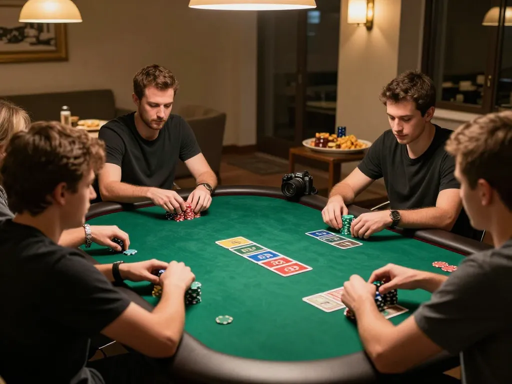 Exciting home poker night with friends playing at the table, featuring rikvip gameplay atmosphere.