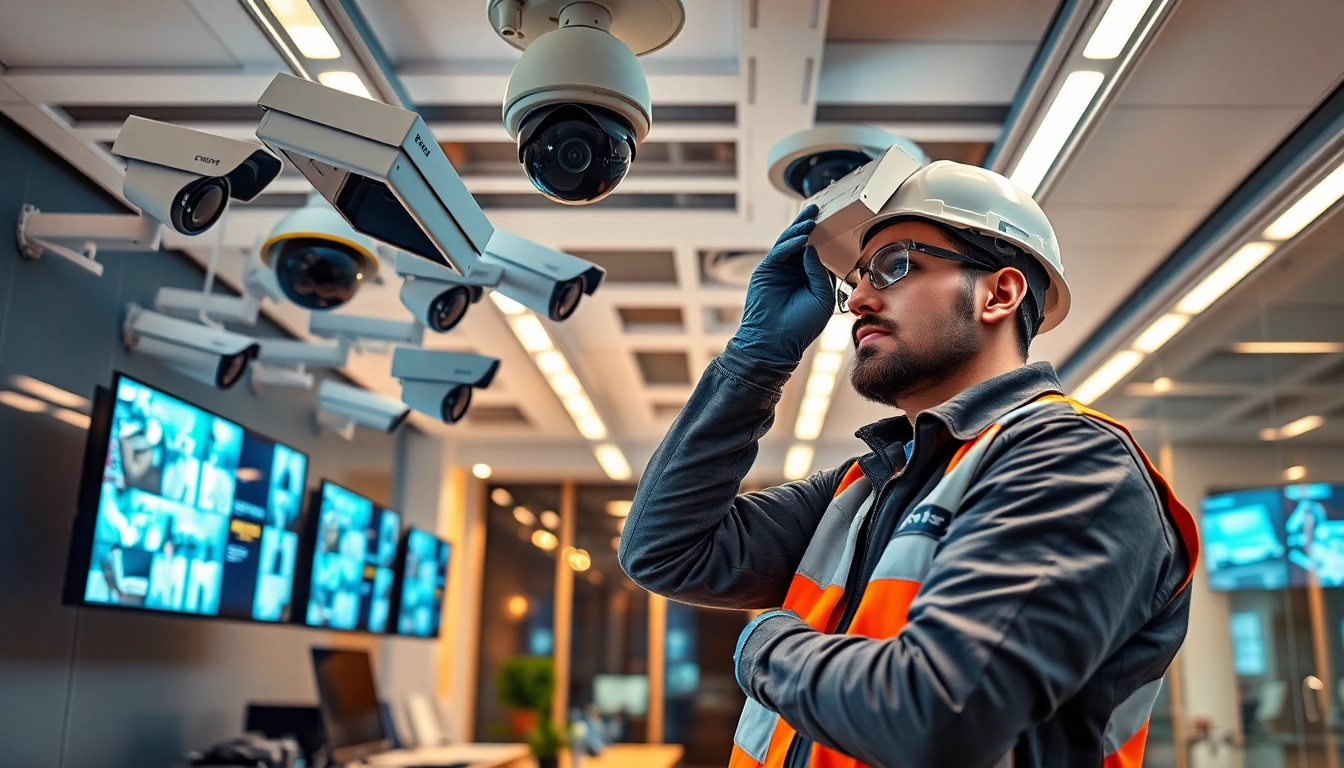 Soporte técnico en cámaras de seguridad, con un técnico instalando cámaras CCTV en una oficina moderna.