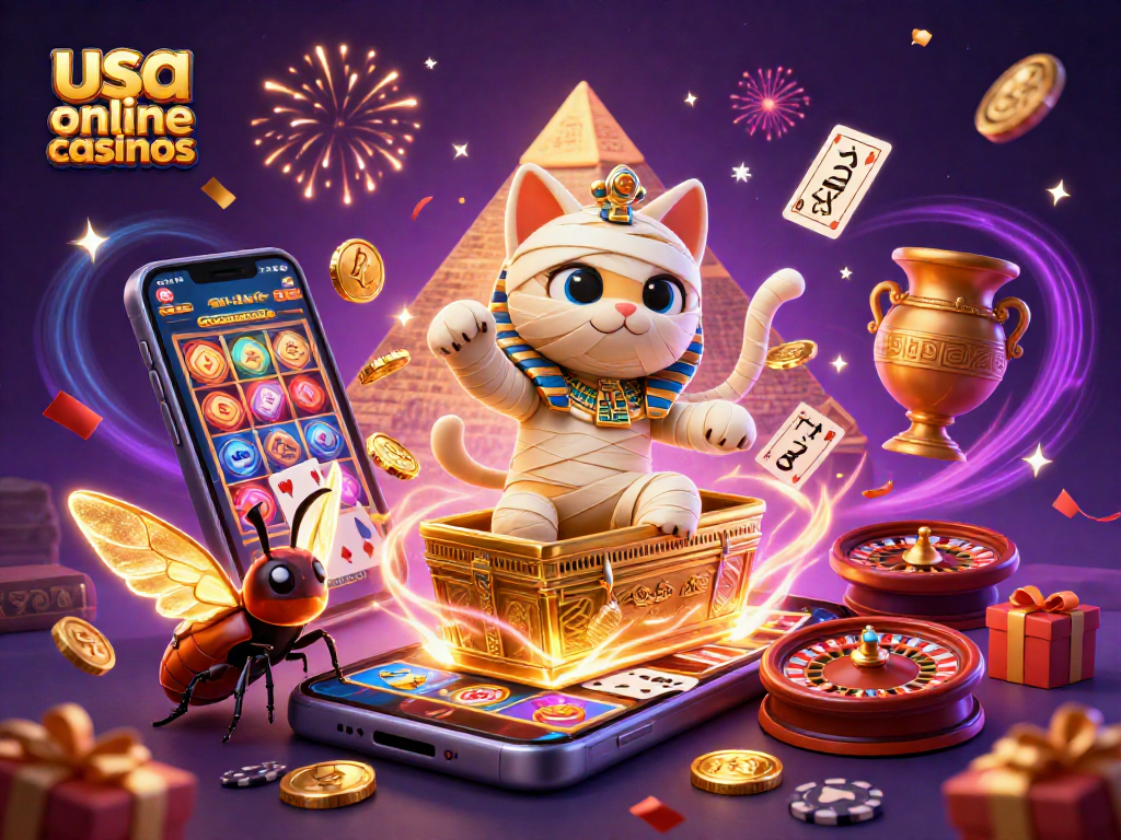 Engage in fun at usa online casinos with a lively scene of a mummy cat and glowing scarab.