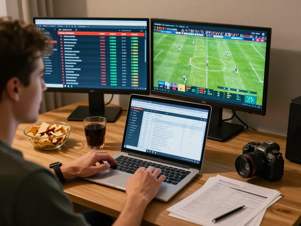 Kèo nhà cái hôm nay shows an excited bettor analyzing football statistics at home while placing bets.