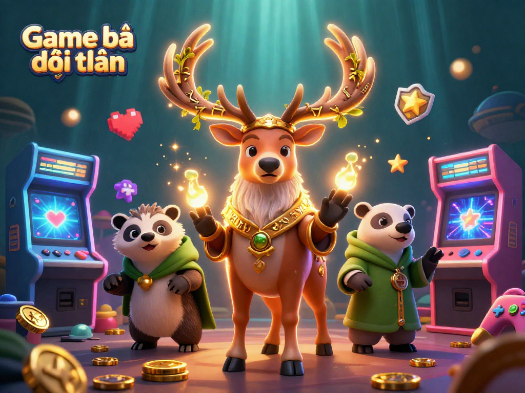 Engage with Game bài đổi thưởng in a vibrant, 3D cartoon casino scene full of arcade elements and whimsical characters.