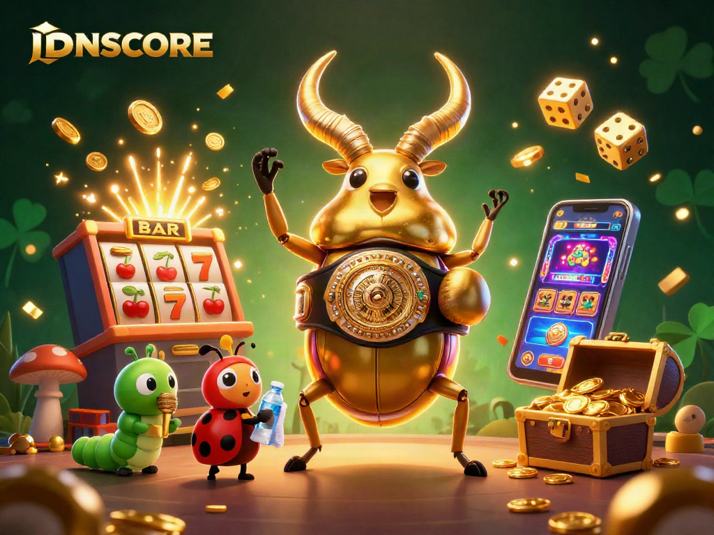 Experience the excitement of IDNSCORE with vibrant characters and a jackpot explosion in this lively digital casino scene.