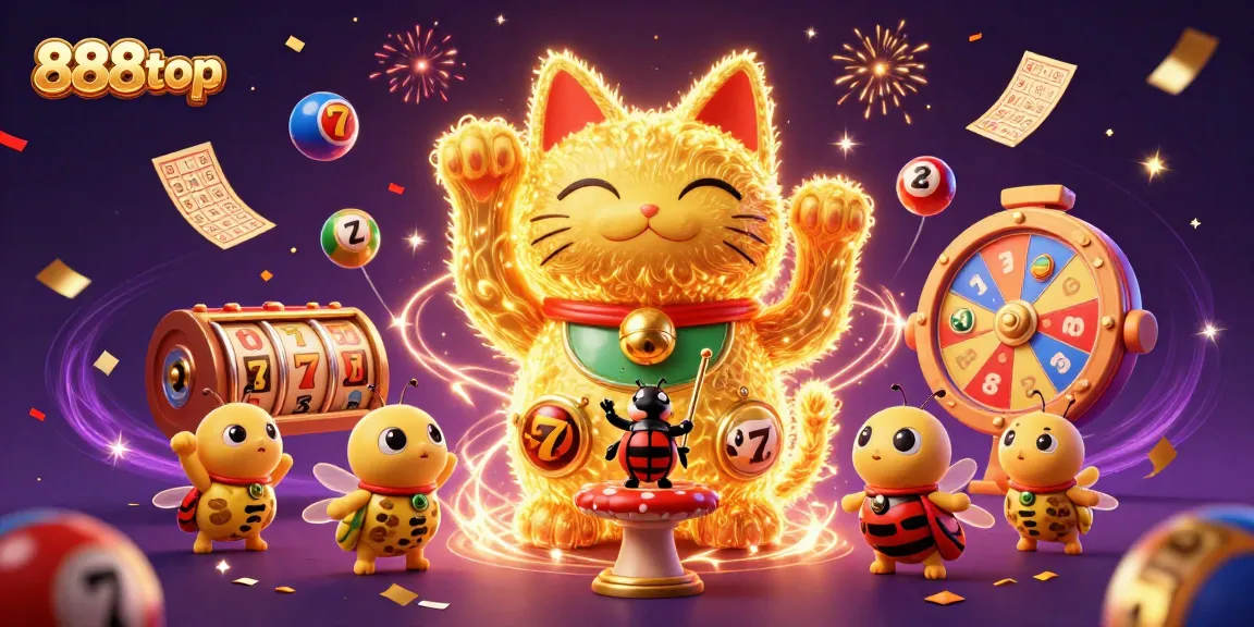 Experience the excitement of 888top with a vibrant 3D casino illustration featuring a lucky cat and dynamic game elements.