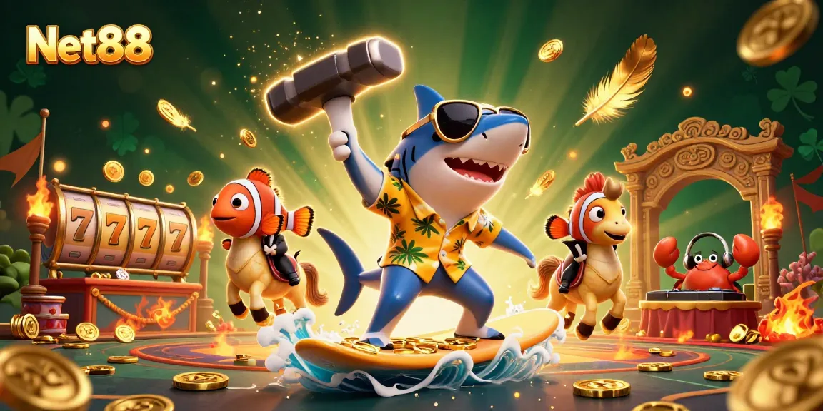Experience vibrant gaming action at Net88 with a shark surfing on gold coins.