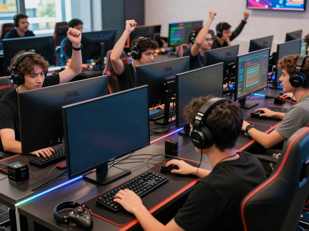 Players engaging with bro138 link in a vibrant gaming hub, game machines and modern amenities.