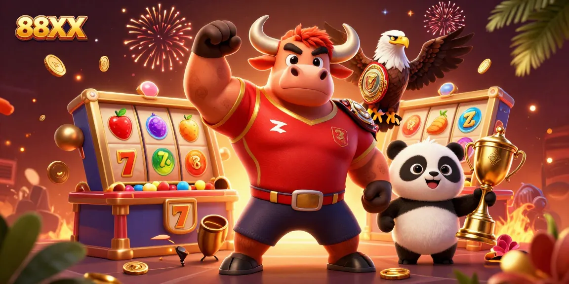 Experience thrilling wins at 88XX casino with slot reels and festive elements in this vibrant illustration.