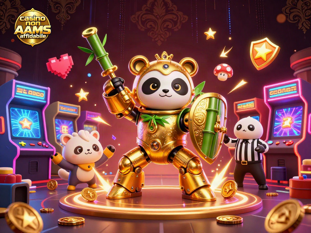 Gioca ai casino non AAMS affidabile con un panda d'oro e elementi di gioco unici in un'illustrazione vivace.