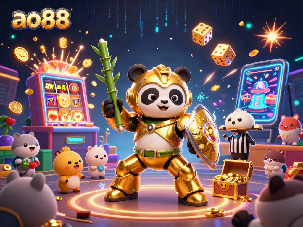 Experience the excitement of ao88 with a vibrant scene featuring a panda robot amidst jackpot visuals.