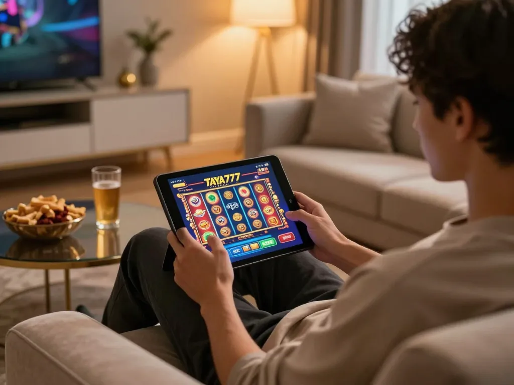 TAYA777 GCash player enjoying online slots in a cozy home setting, showcasing a comfortable gaming experience.