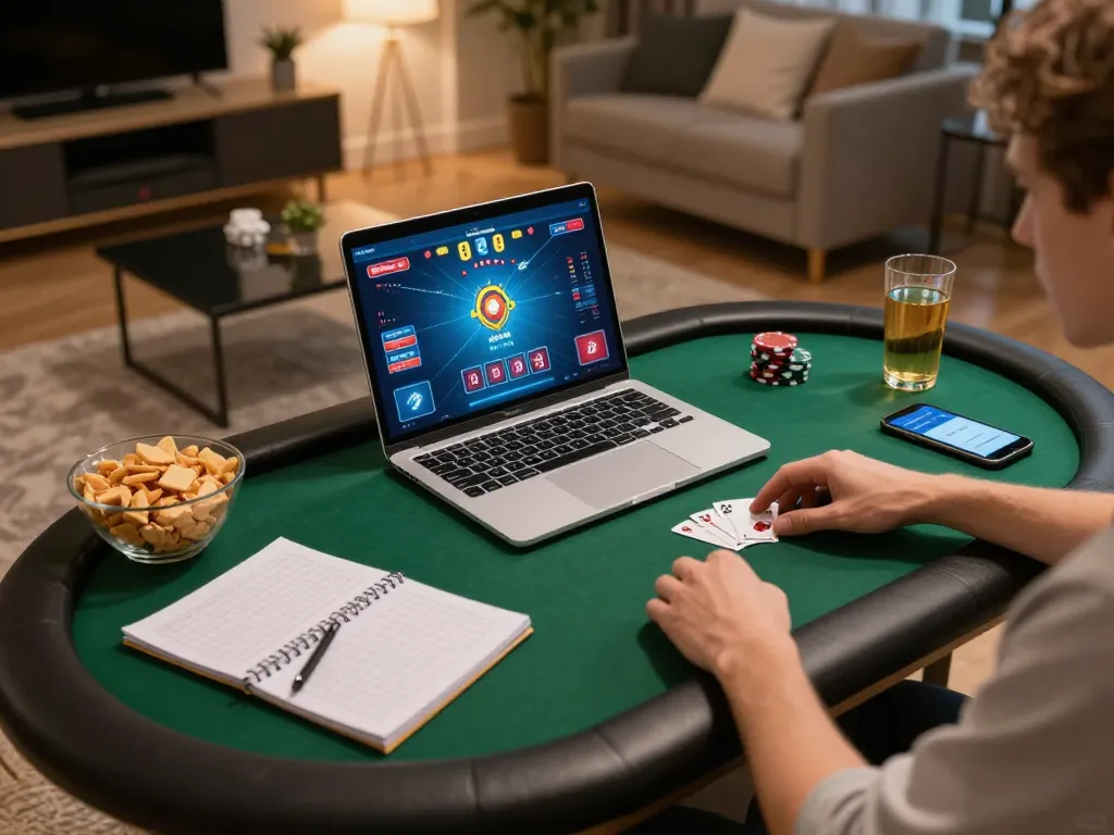 Engaging in online poker on LC88 with vibrant interface and cozy home atmosphere