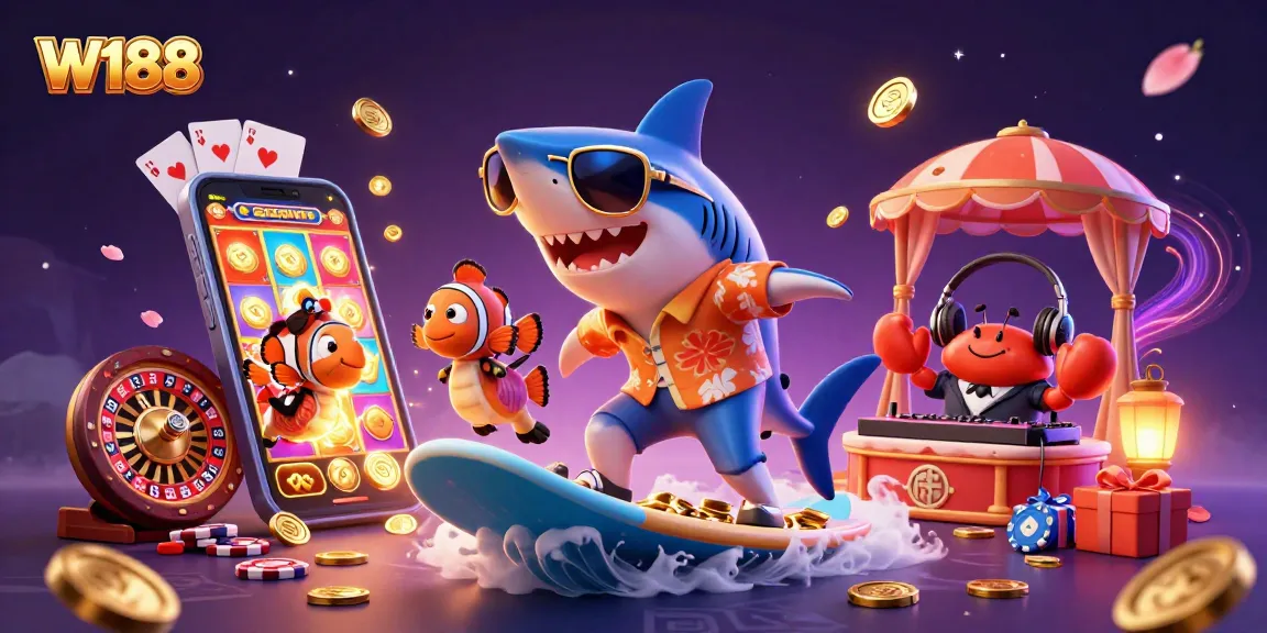 Surf the golden waves of W188 casino excitement with our cartoon shark party!