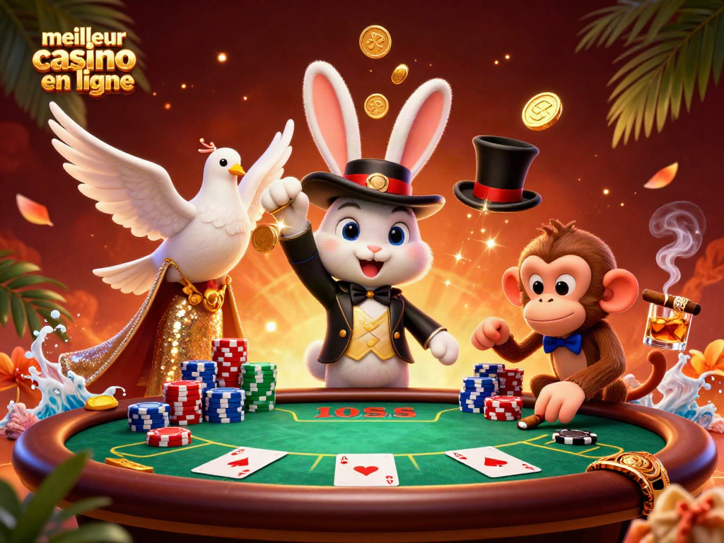 Découvrez le meilleur casino en ligne avec une scène animée d'un magicien et un singe à des tables de poker.
