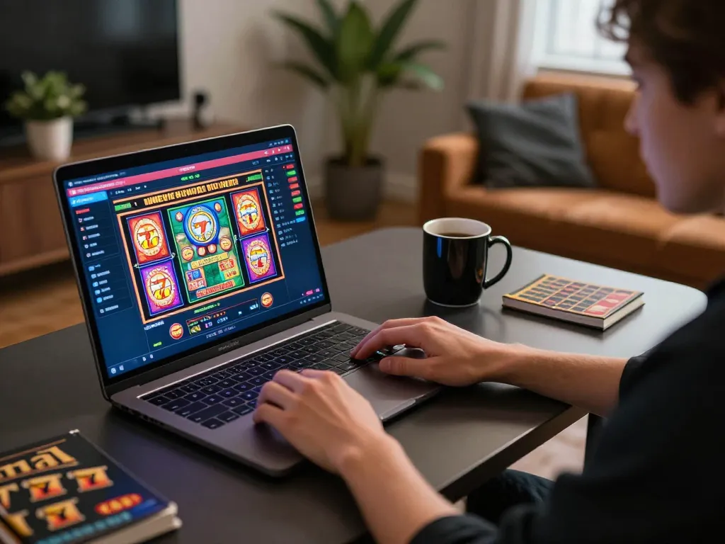 Engaging in slot777 gaming on a laptop in a cozy home gaming setup, showcasing responsible entertainment.