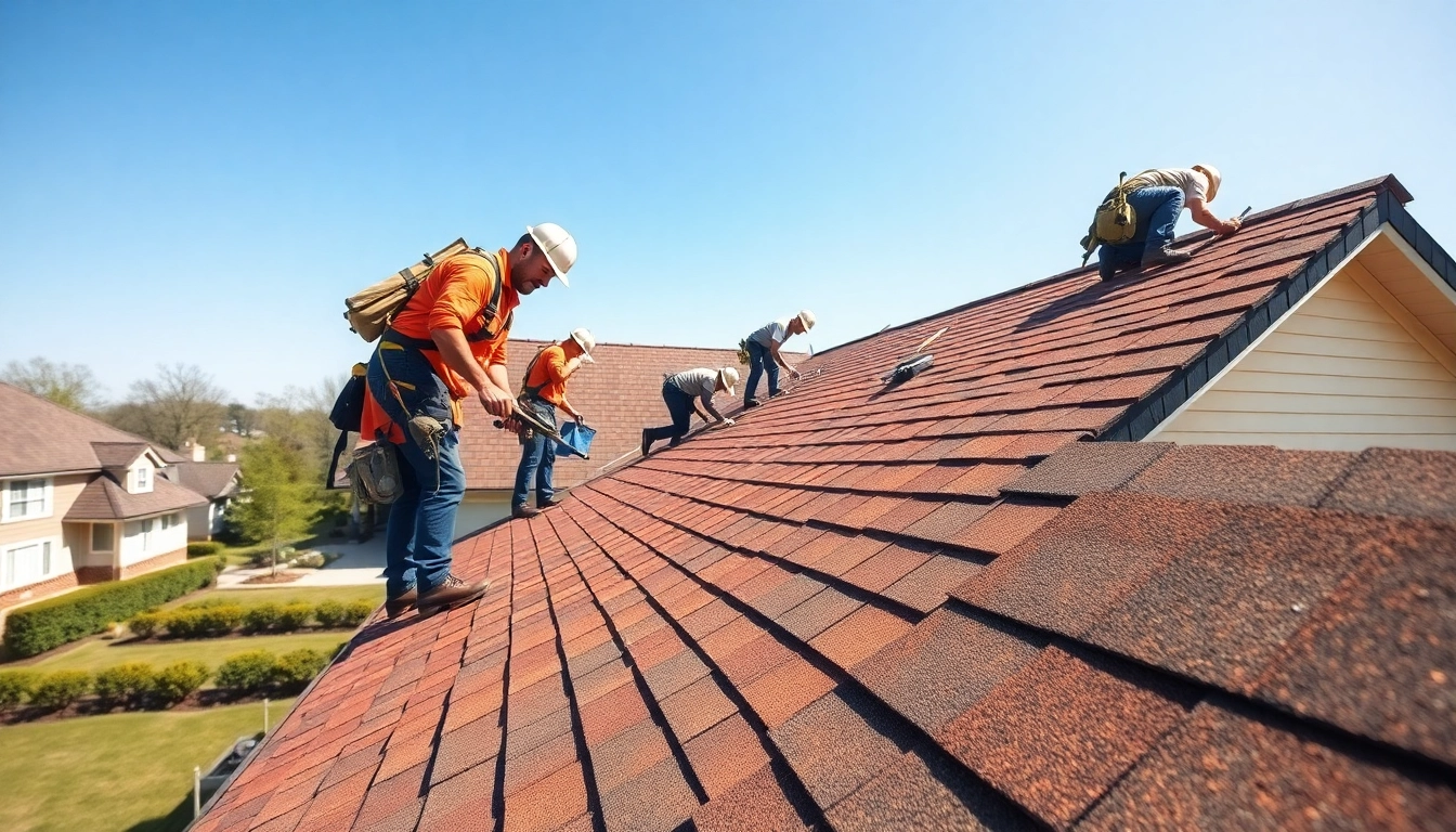 Roofing company team installing a new roof on a suburban home with vibrant colors and bright sunlight.