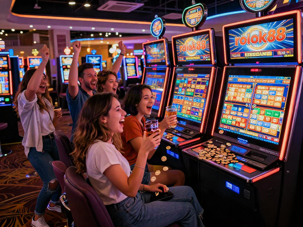 Excited friends winning at a rokok88 slot machine in a vibrant casino environment.