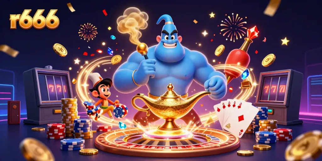 Experience the thrill of r666 casino games with a genie surrounded by colorful poker chips and golden coins.