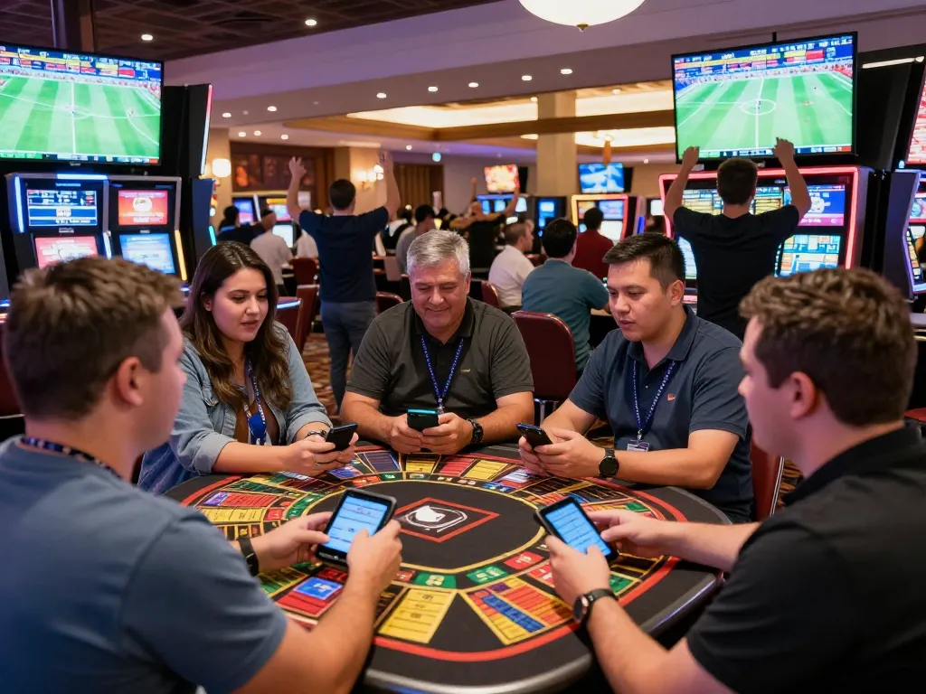 Net88 sports betting scene with enthusiastic bettors placing wagers and watching live games.