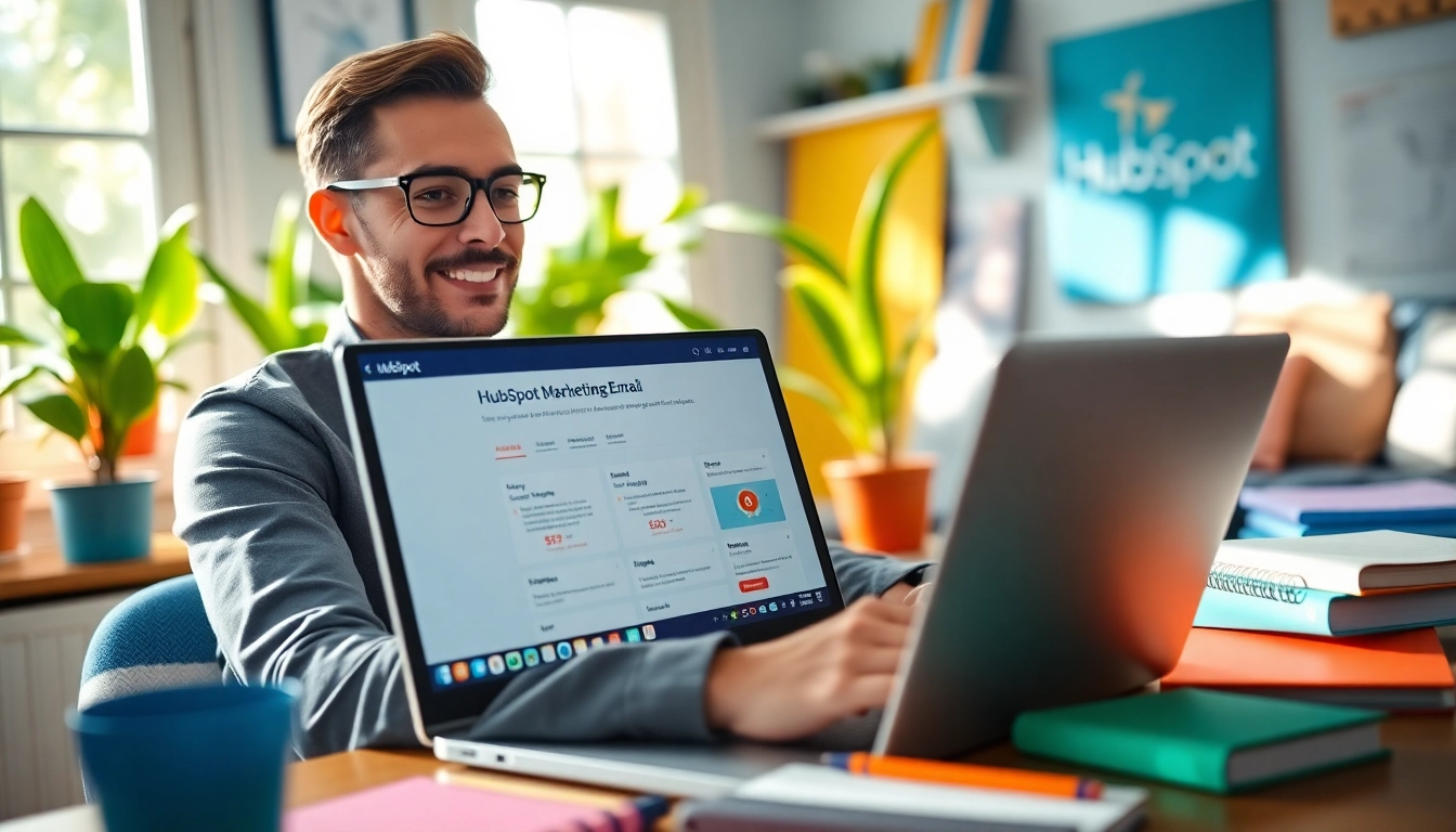 Crafting a compelling hubspot marketing email while engaging in a lively workspace.