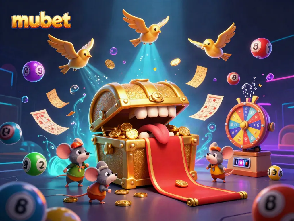 Win with mubet as colorful lottery balls and golden treasures create a rich gaming atmosphere.