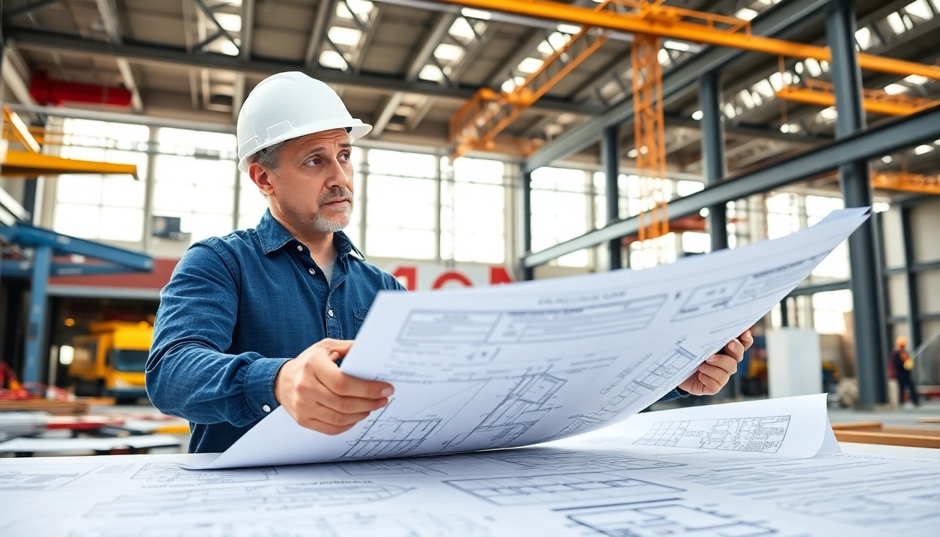 Manhattan Commercial General Contractor analyzing blueprints on a busy construction site.