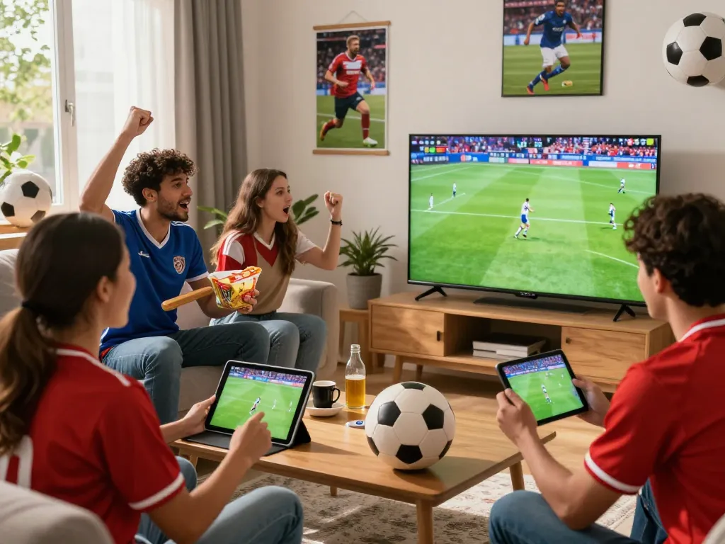 Football fans cheering while watching matches on https://luongson117.tv/ during a lively gathering.